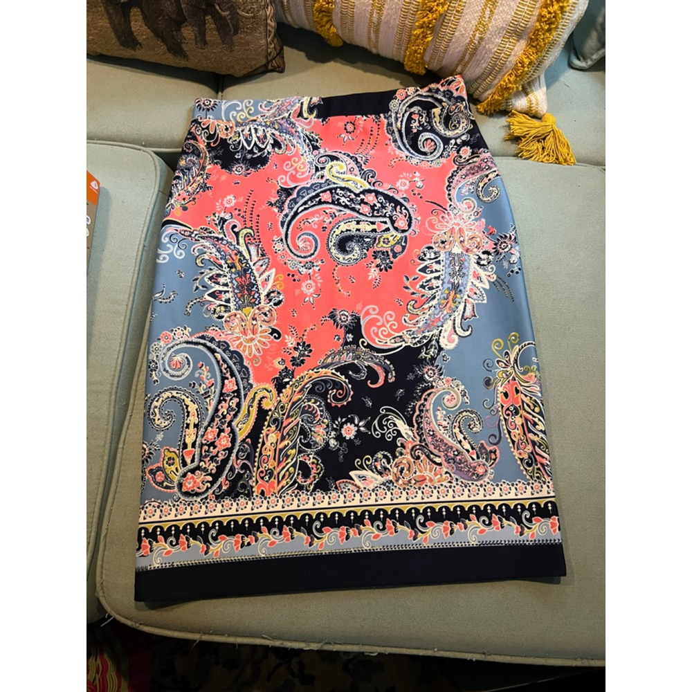 Women's Melissa Paige Pencil Skirt L Coral Blue Paisley